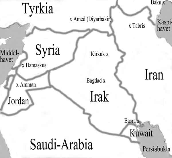 Kart over Irak og området rundt