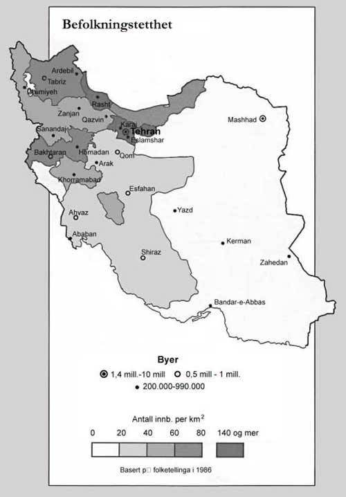 Kart over Iran: Befolkningstetthet